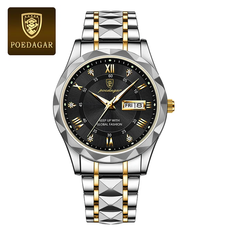 Poedagar PO615 Men Luxury Stainless Steel Luminous Quartz Wristwatch (Black)